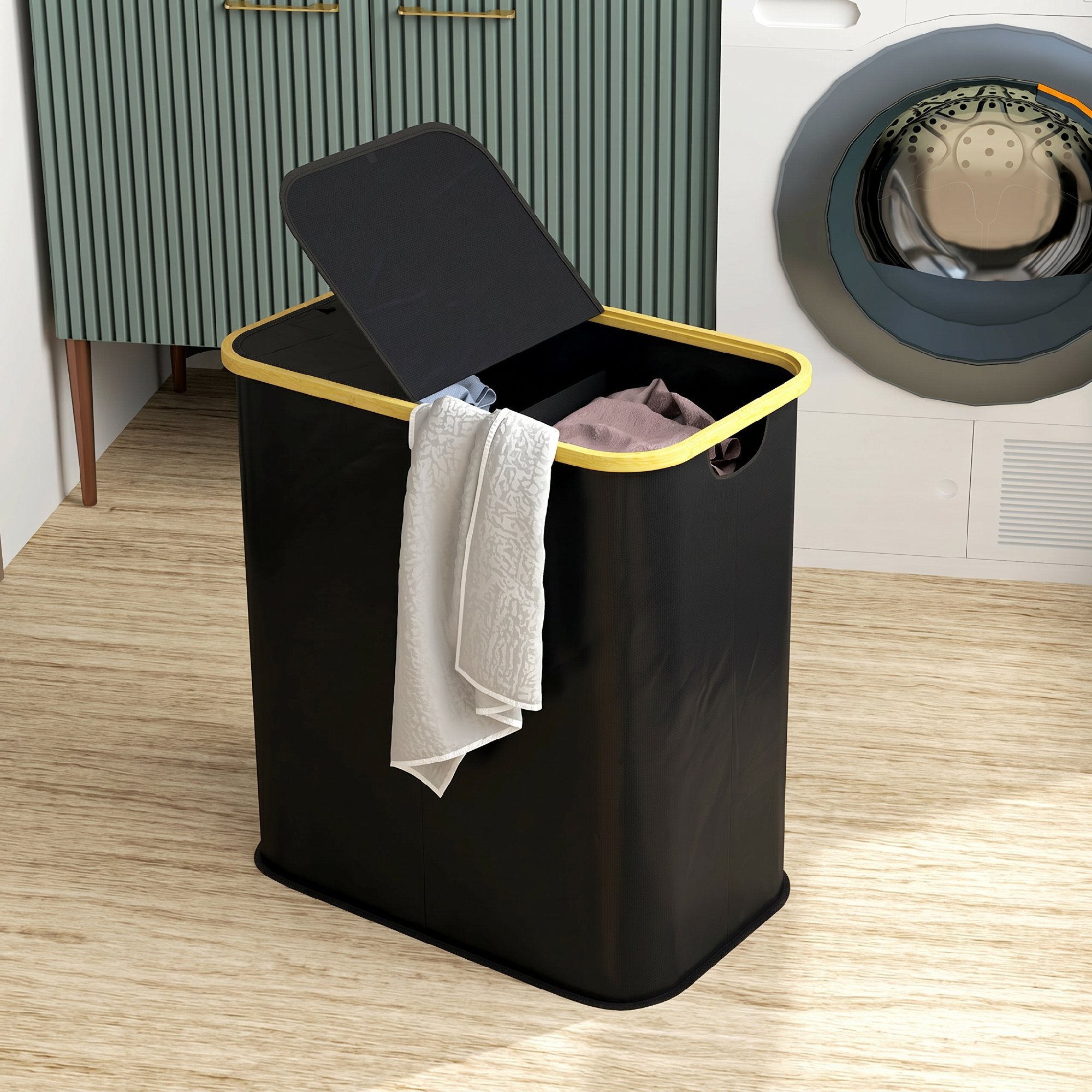 Cesto de Ropa Sucia con Tapa, 80L, Cesta de Ropa Sucia Plegable de Tela no Tejida, Marco de Bambú, con 2 Compartimentos, Asas de Ranura, para Lavandería, 54x34x58,5 cm, Negro