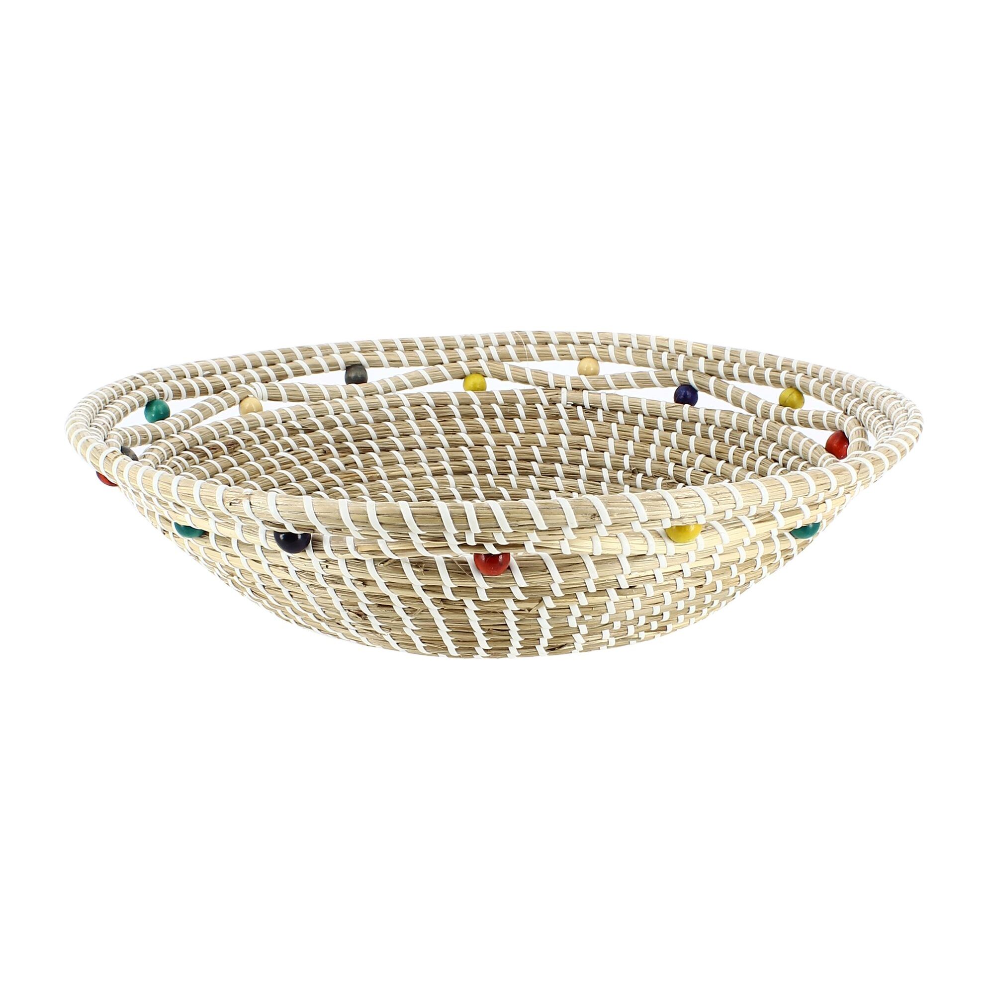 Corbeille ronde en jonc de mer et perles de bois 37cm MILOS