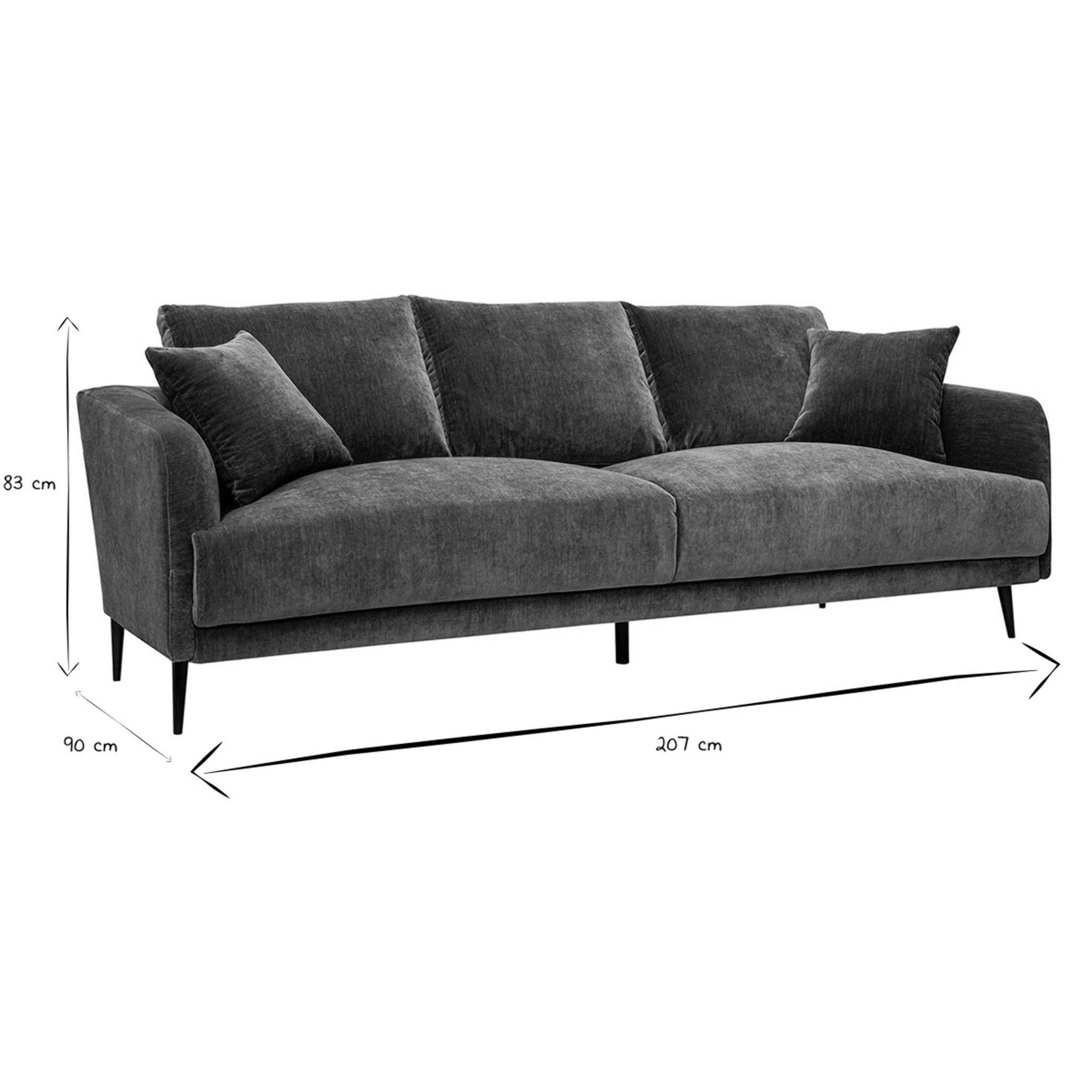 Canapé design 3 places en tissu effet velours vert kaki et métal noir JERRY