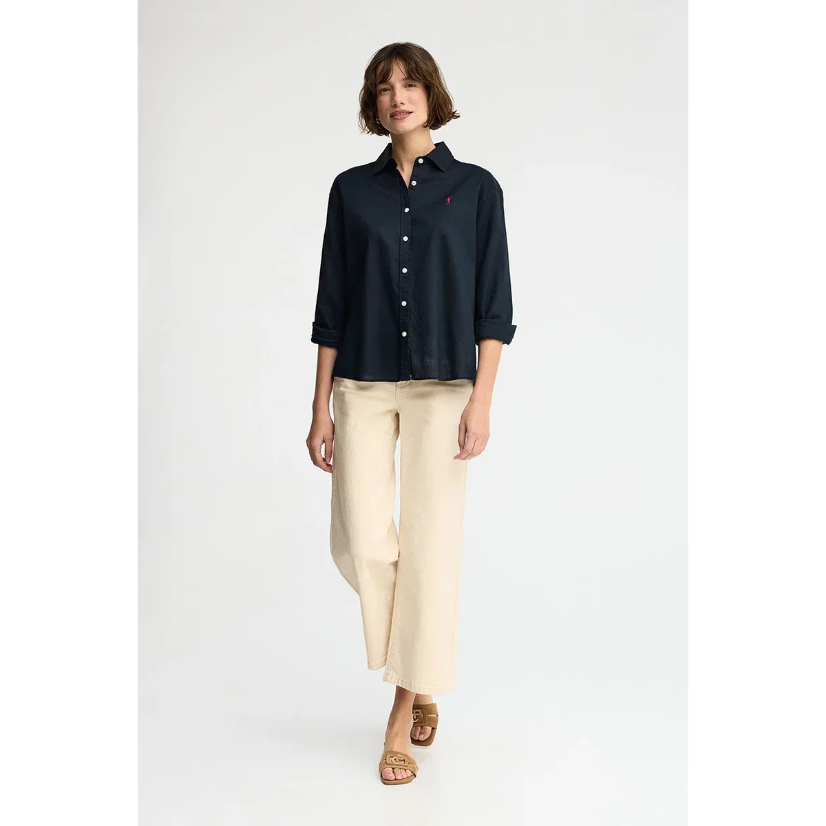 Camicia cotolino blu marino dal fit ampio con ricamo Rigby Go