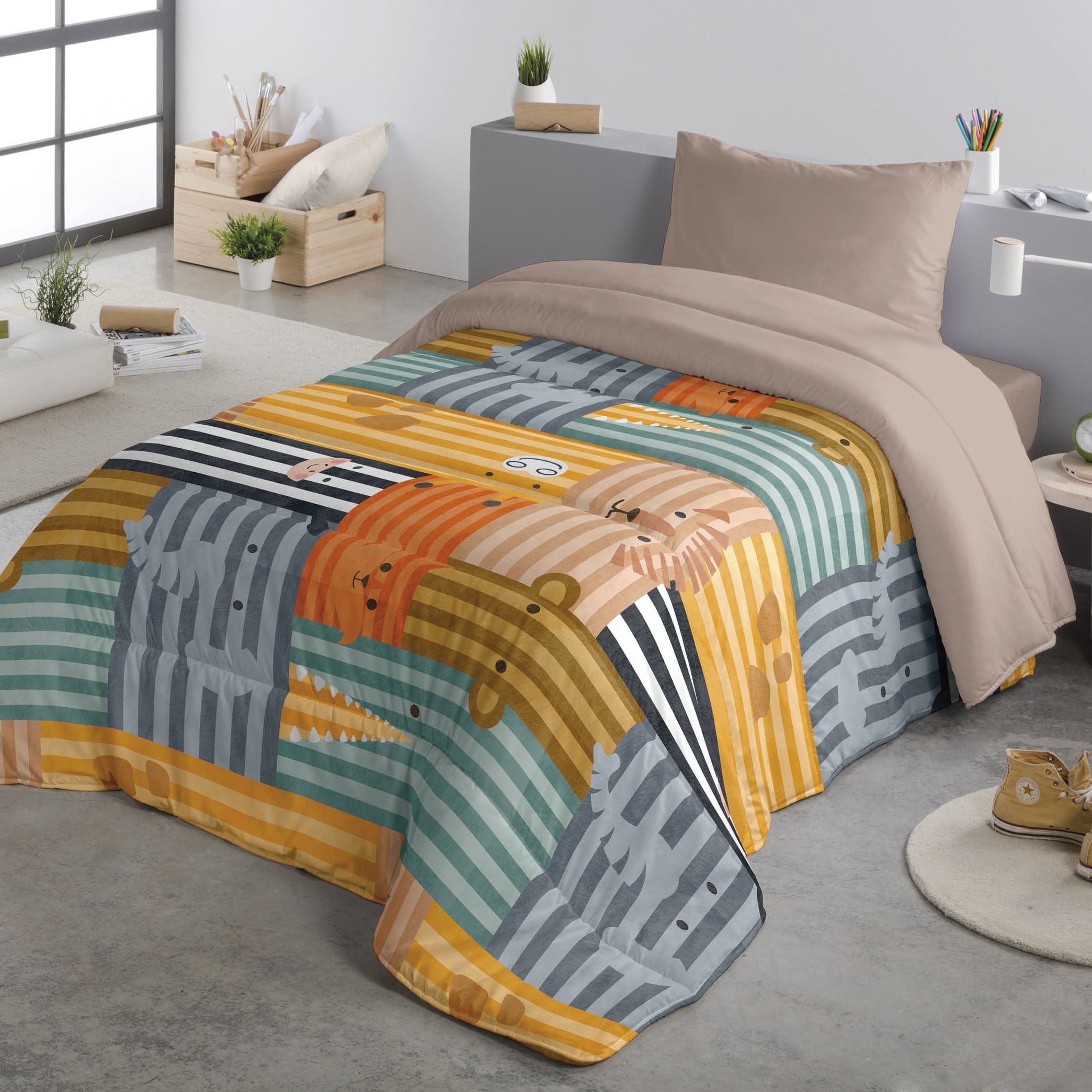 Naturals - Edredón Nórdico Estampado - Infantil - 100% Poliéster Microfibra - 300 gr/m² con Tacto Pluma - Animals Stripes