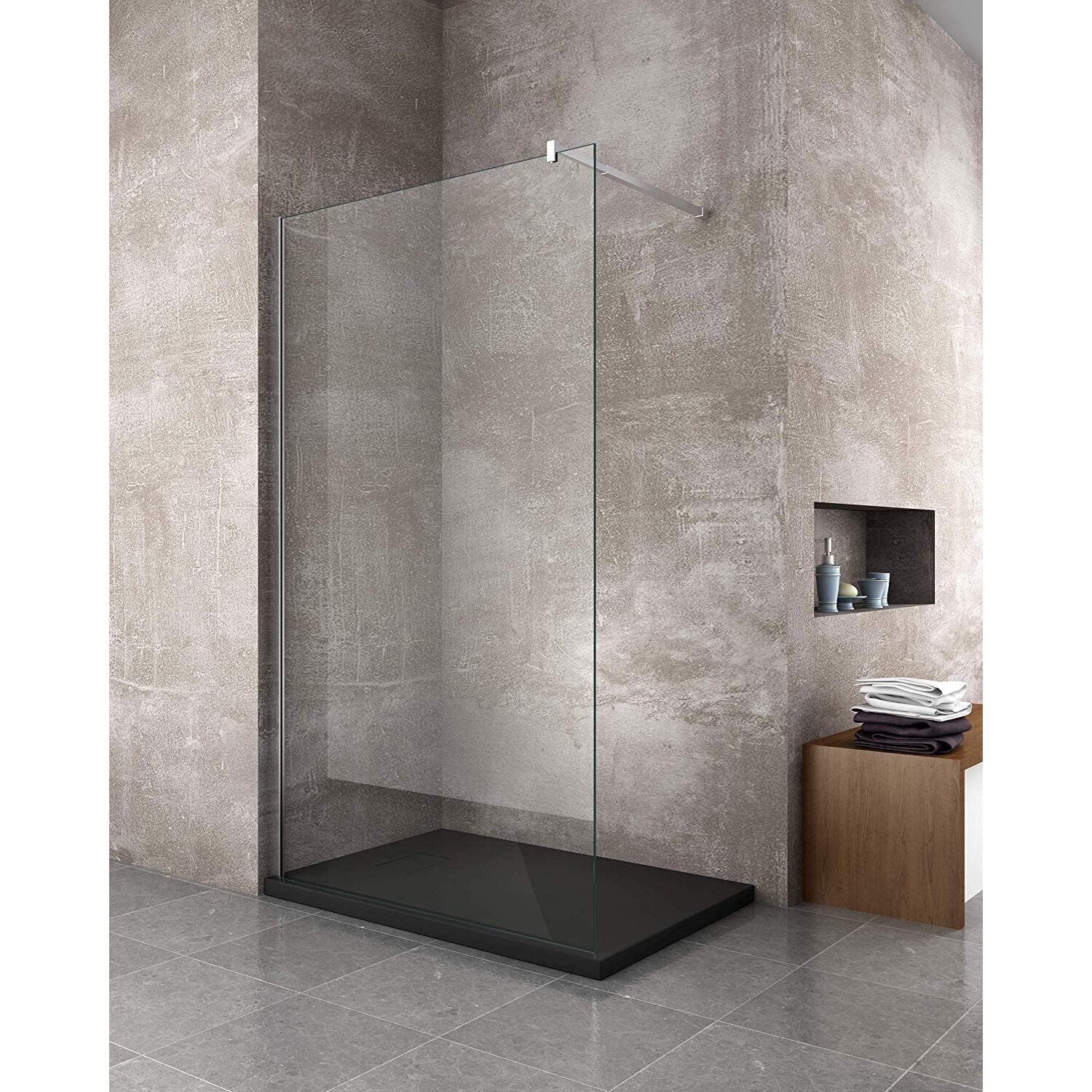 Piatto Doccia Spessore 2.6 Cm Resina SMC Effetto Pietra Stone Ardesia Antiscivolo Riducibile Filopavimento Con Griglia Di Copertura Nero 100x100 Cm