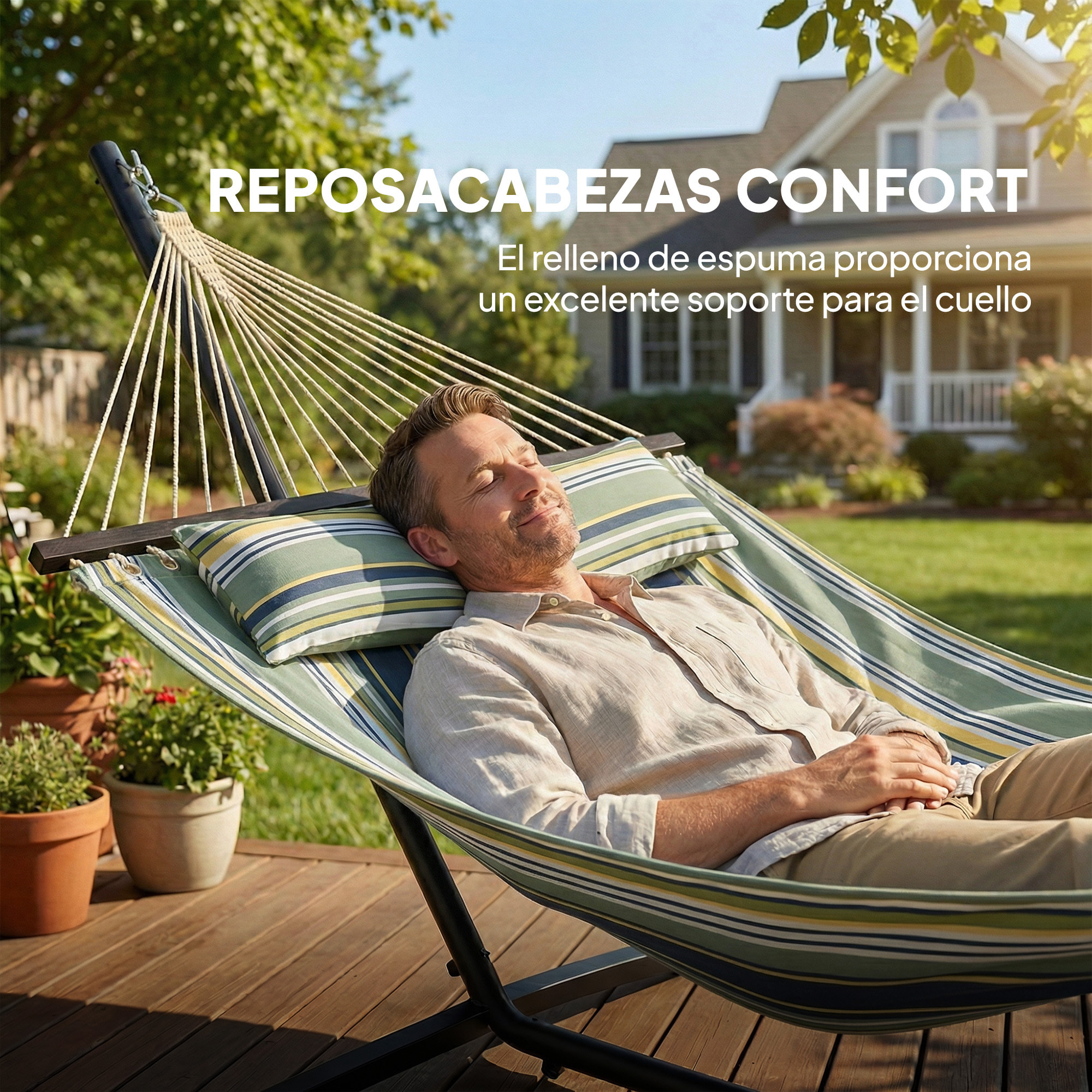 Hamaca con Soporte, Hamaca de Jardín Portátil con Almohada Desmontable, Barras Separadoras, Marco de Acero, Carga 120 kg, para Patio, Terraza, Diseño Rayas, 353x94x115 cm, Verde