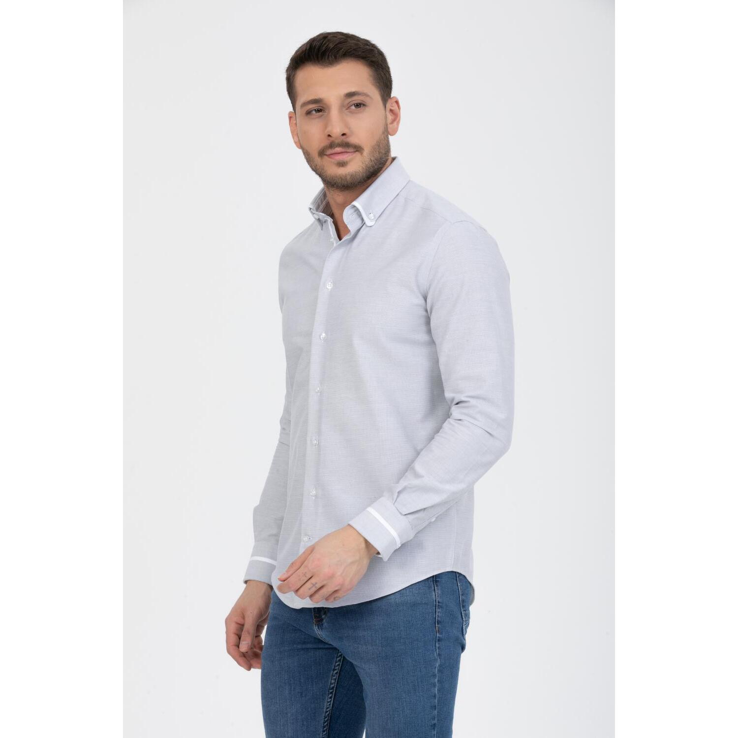Camicia Uomo 1 Bottoni Button Down Slim Armaturato Fantasia Grigio Scuro/Bianco