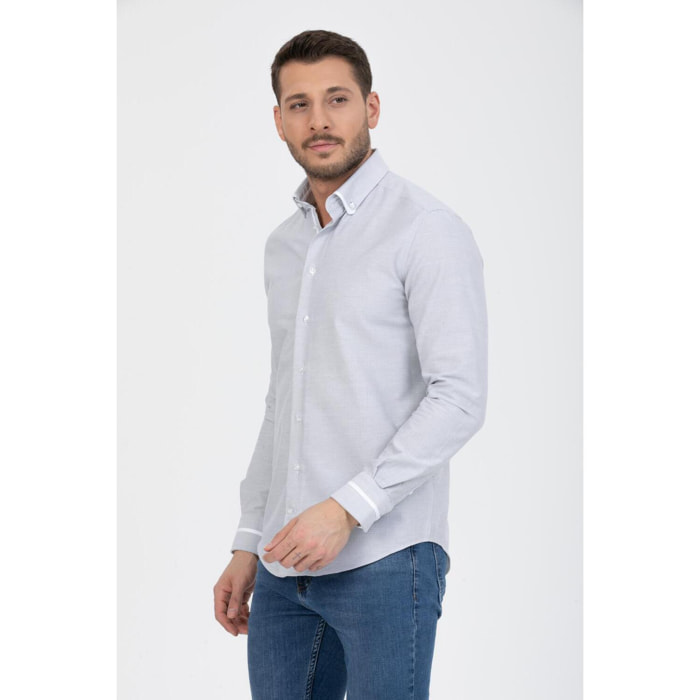 Camicia Uomo 1 Bottoni Button Down Slim Armaturato Fantasia Grigio Scuro/Bianco