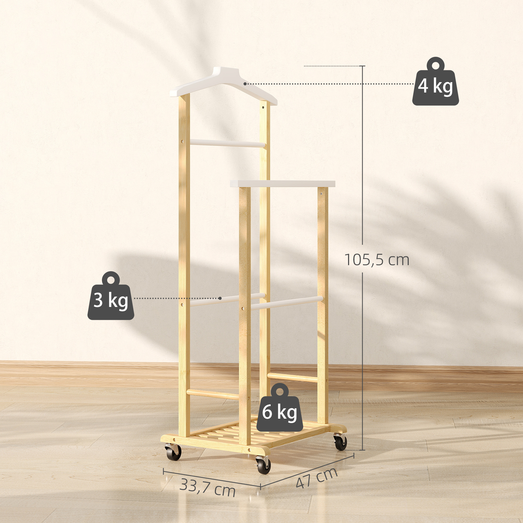 Galán de Noche de Bambú con Ruedas, Perchero Burro de Ropa con Barras para Pantalones y Balda Inferior para Zapatos, Estilo Nórdico, para Dormitotio, 47x33,7x105,5 cm, Natural y Blanco