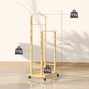 Galán de Noche de Bambú con Ruedas, Perchero Burro de Ropa con Barras para Pantalones y Balda Inferior para Zapatos, Estilo Nórdico, para Dormitotio, 47x33,7x105,5 cm, Natural y Blanco