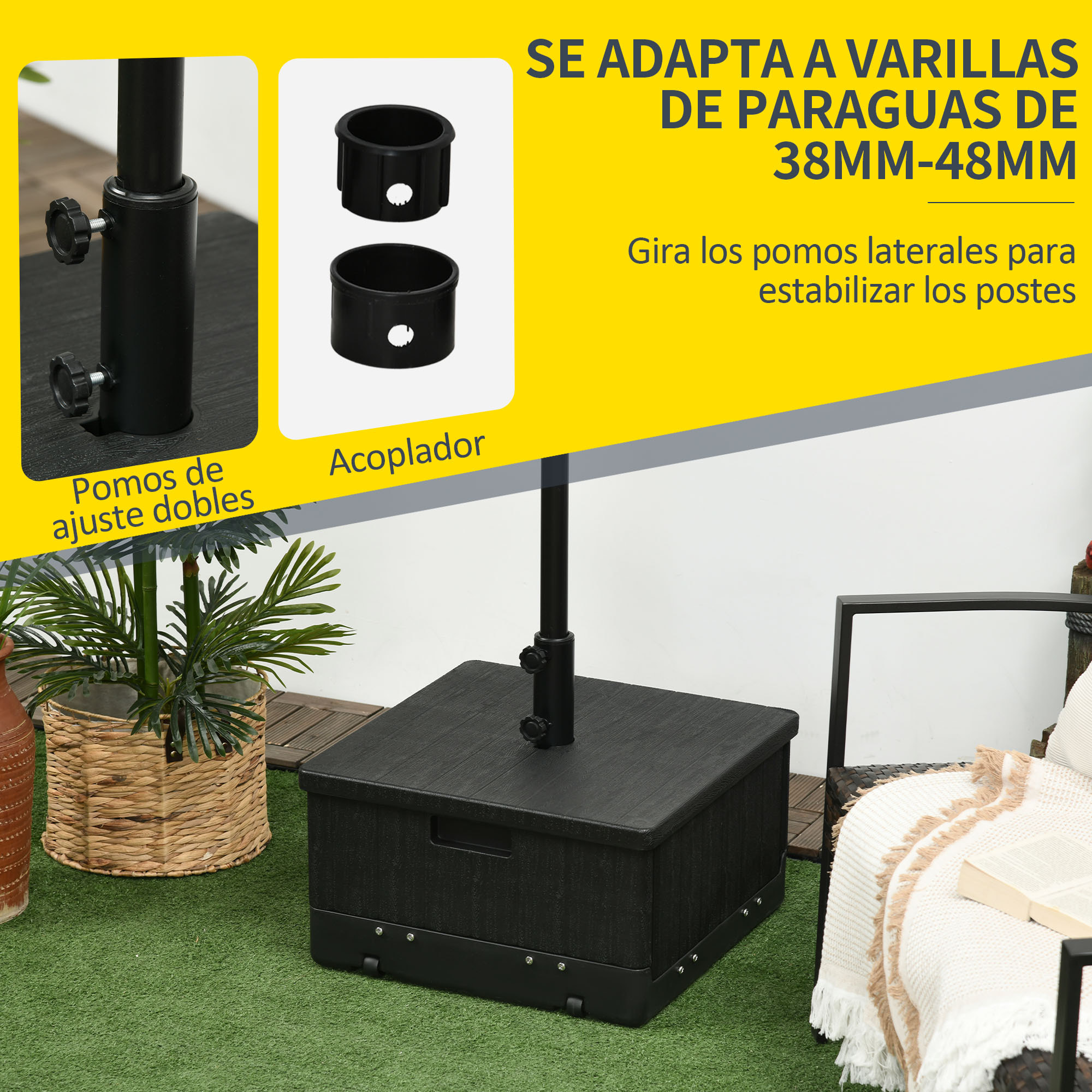Base para Sombrilla Exterior 3 en 1, Mesa Auxiliar, Macetero con Orificio de Drenaje, Soporte de Parasol Rellenable Arena 80 kg con Ruedas y Asas para Sombrilla con Postes Ø38 y Ø48 mm, Negro