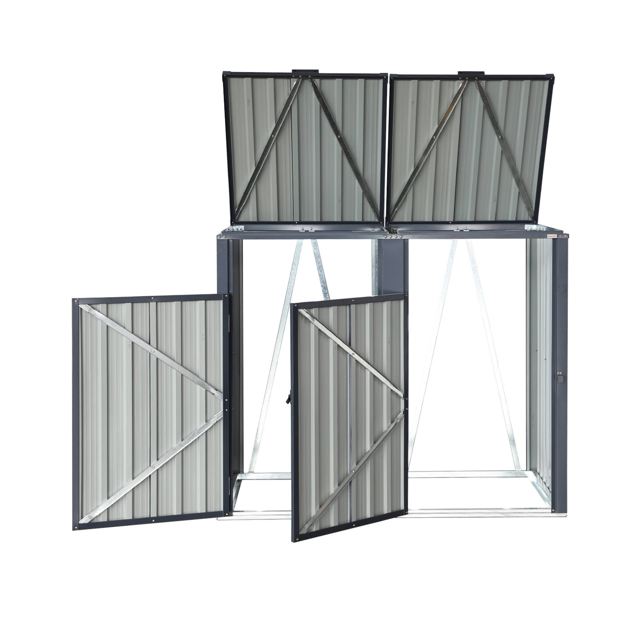 Cache poubelle gris en acier galvanisé. 2 places L 146 x P 82 x H 124 cm
