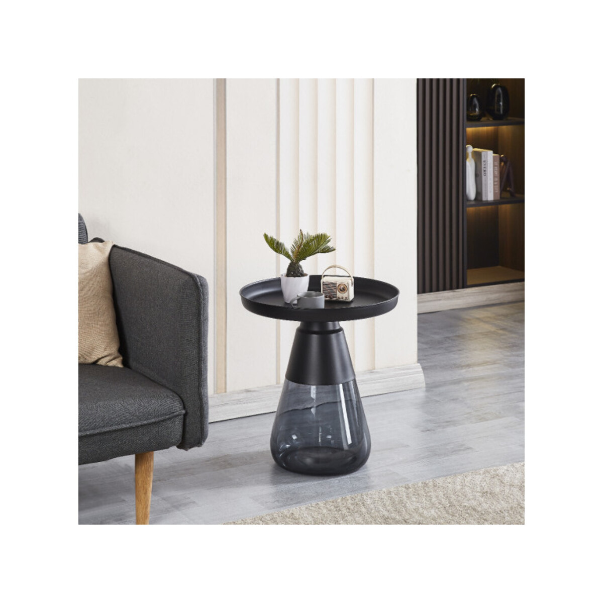 Table basse en verre trempé noir fumé avec plateau en métal - H 53 cm - BENTA