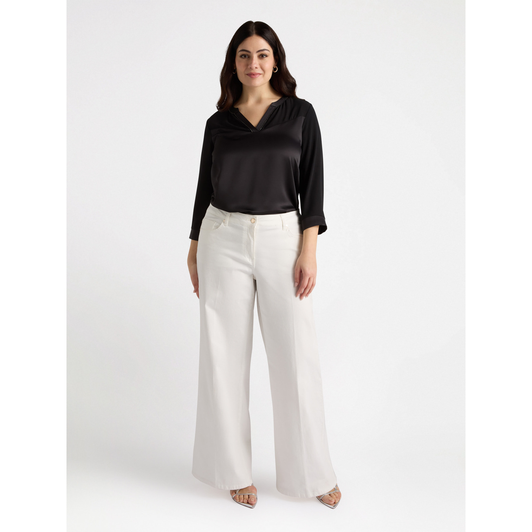 Fiorella Rubino - T-shirt bimaterica con scollo a V - Nero