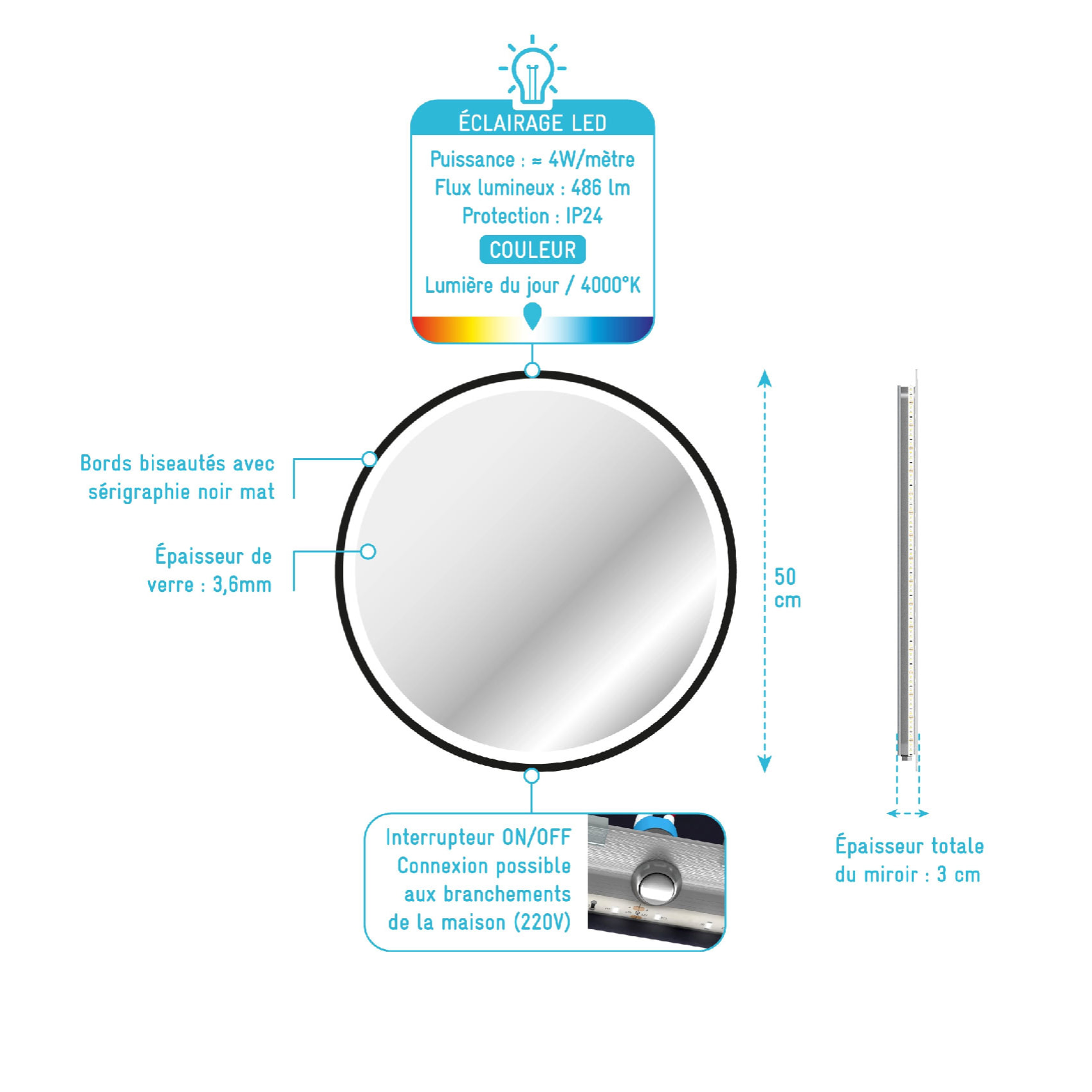 Miroir rond à leds - Noir