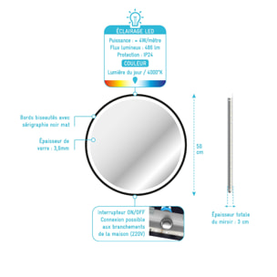 Miroir rond à leds - Noir