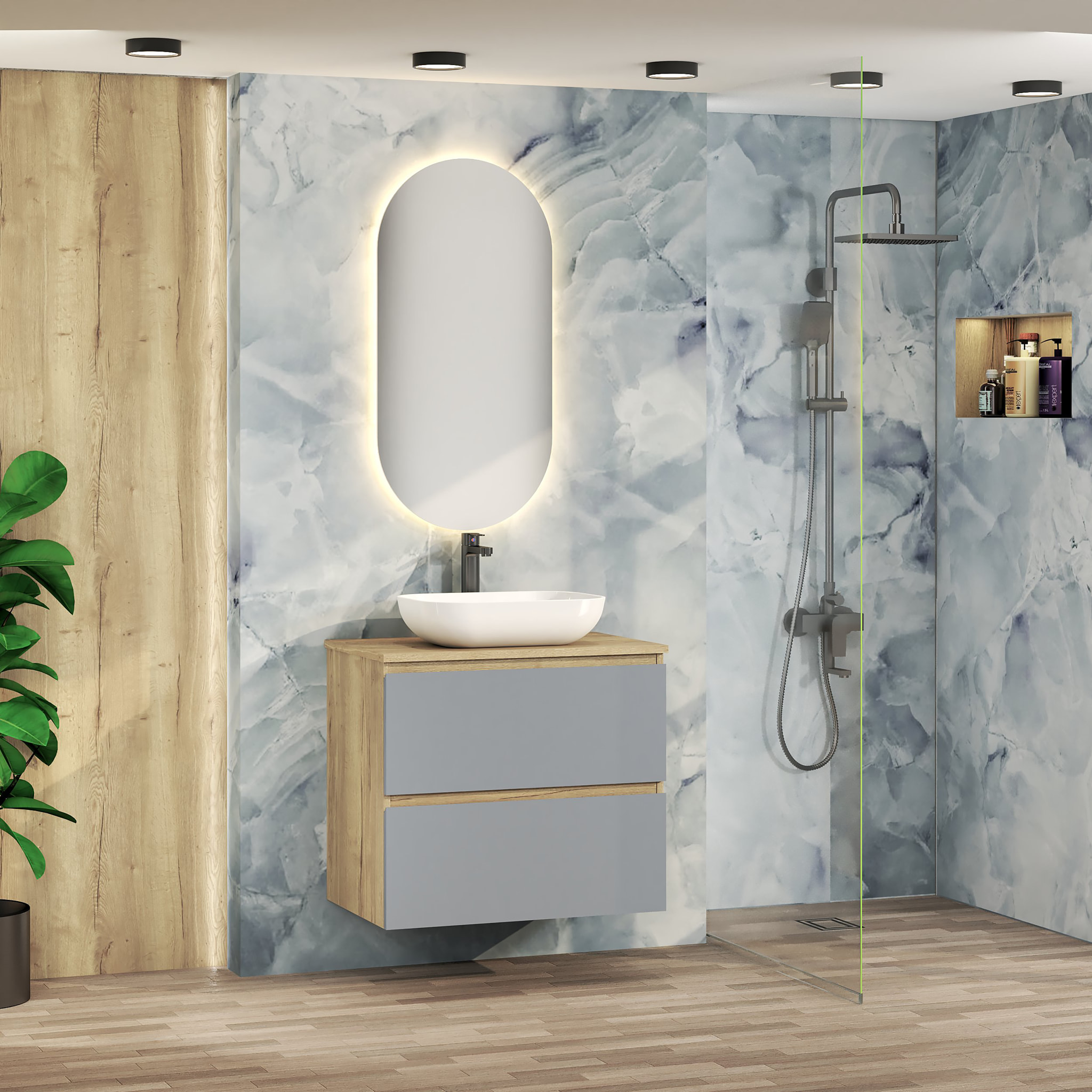 ENSEMBLE DE SALLE DE BAIN NIA | MEUBLE SUSPENDU | 70 CM BLEU | DEUX TIROIRS |LAVABO SUR PLAN | MIROIR NON INCLUS | MEUBLE MONTÉ | ALDAY