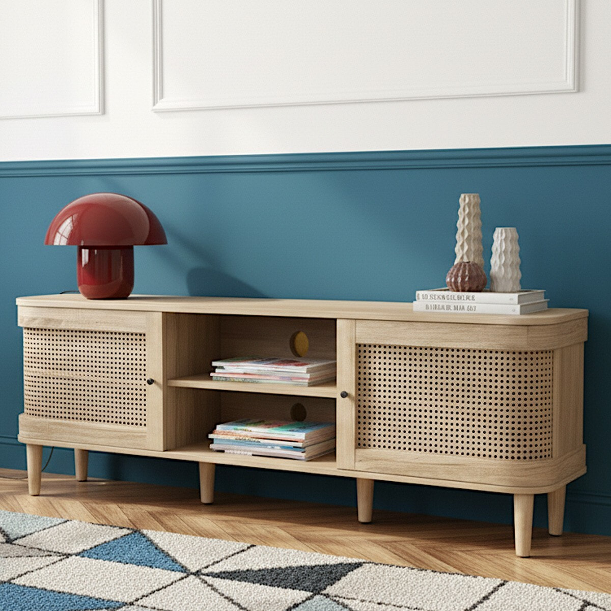 Meuble TV 2 portes couleur chêne et cannage - BALI