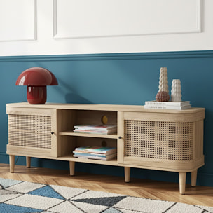 Meuble TV 2 portes couleur chêne et cannage - BALI