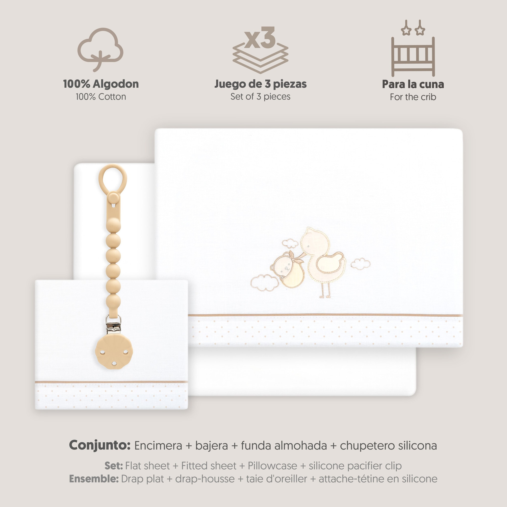 Triptico Cuna Cigueña Oso + Broche Bco/Beig