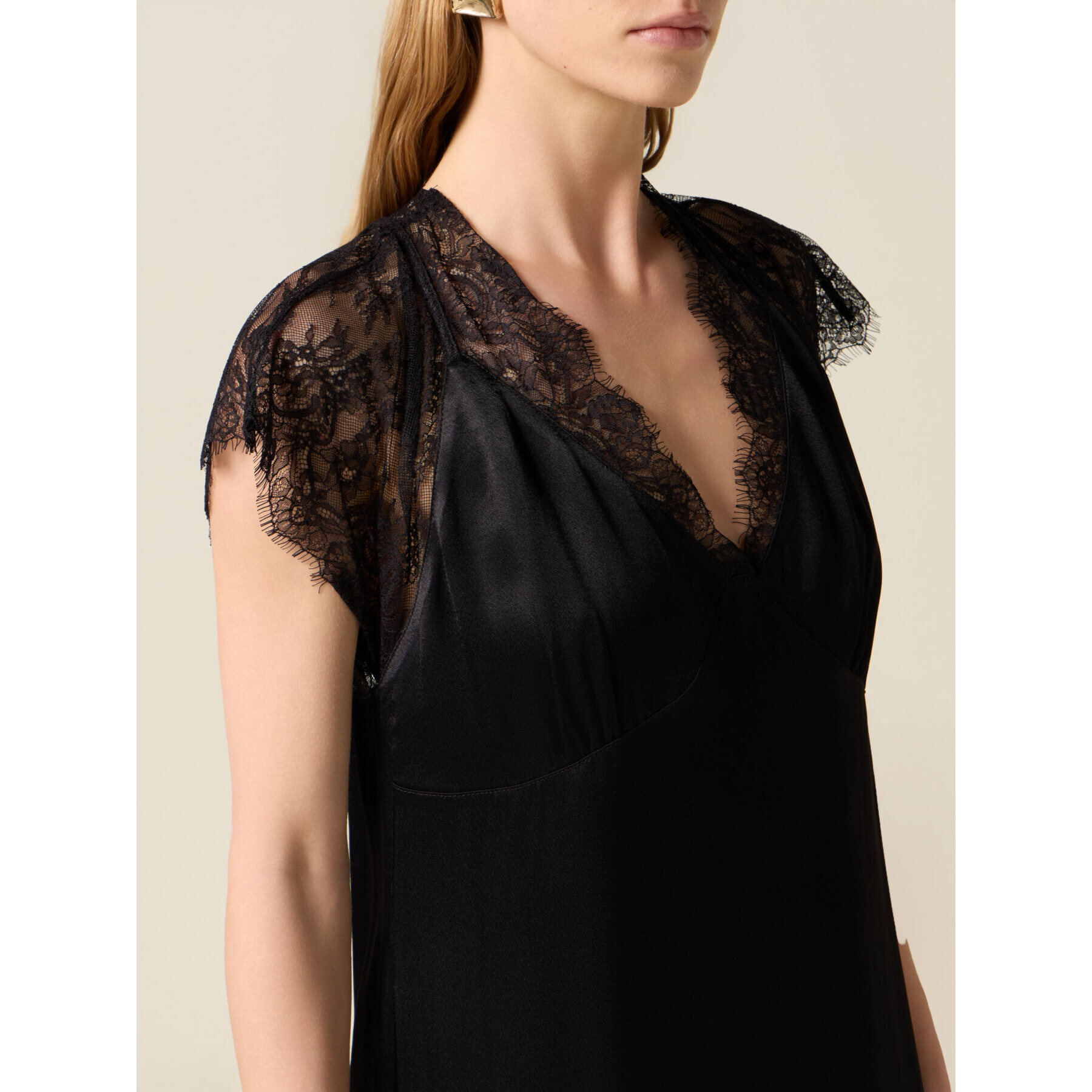 Oltre - Vestito midi in raso con pizzo - Nero