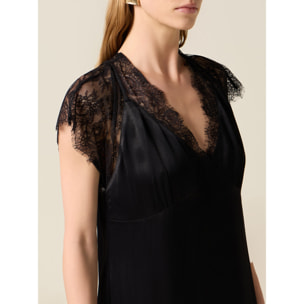 Oltre - Vestito midi in raso con pizzo - Nero