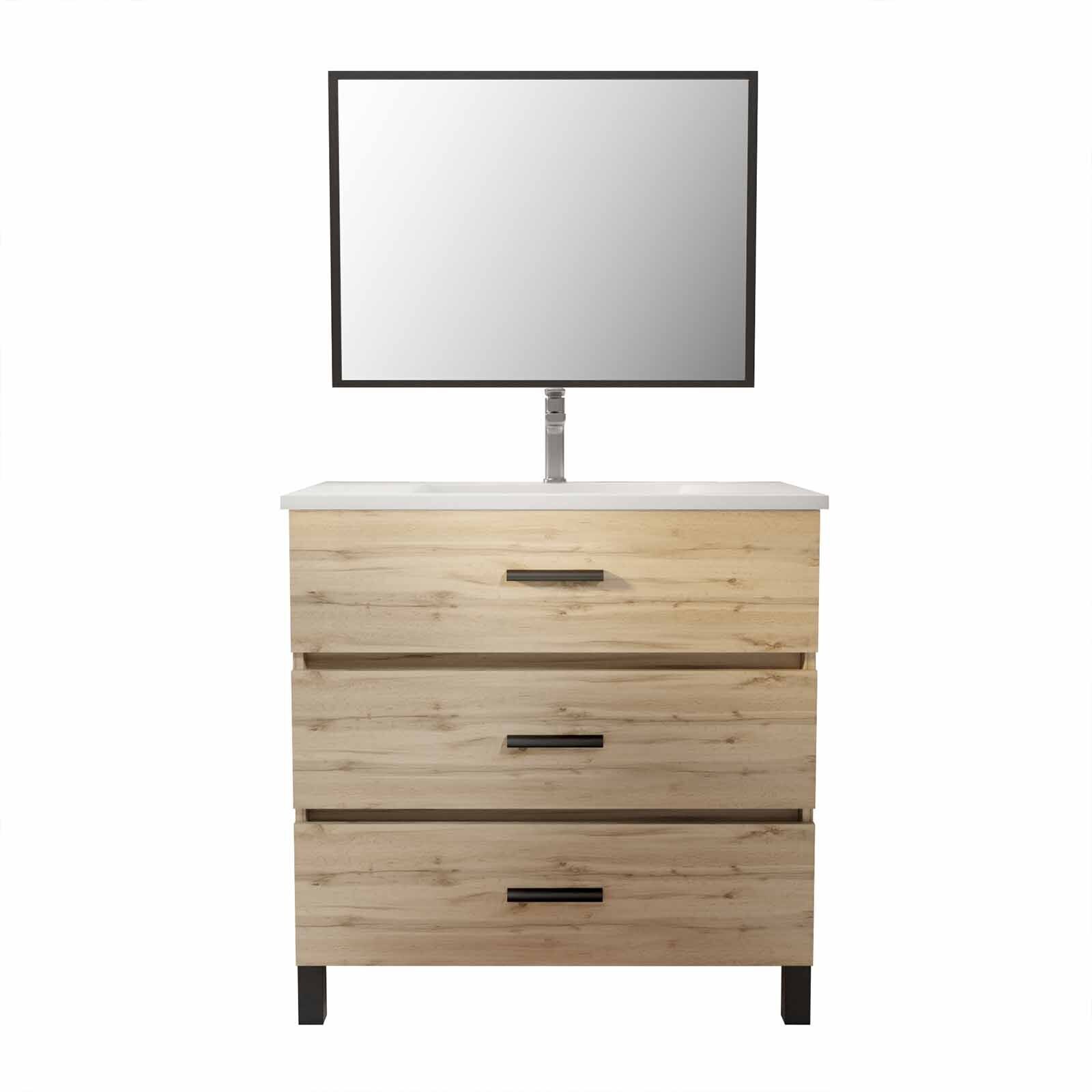 Meuble de salle de bain 80 cm - Chêne industriel - 3 Tiroirs - Vasque et Miroir