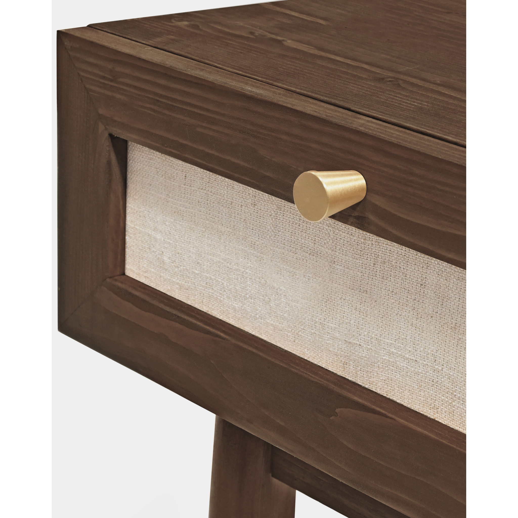 Table basse avec tiroir en bois massif et tissu lin ton noyer 45x40cm Hauteur: 45 Longueur: 40 Largeur: 37