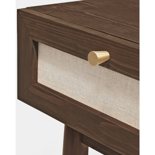 Table basse avec tiroir en bois massif et tissu lin ton noyer 45x40cm Hauteur: 45 Longueur: 40 Largeur: 37