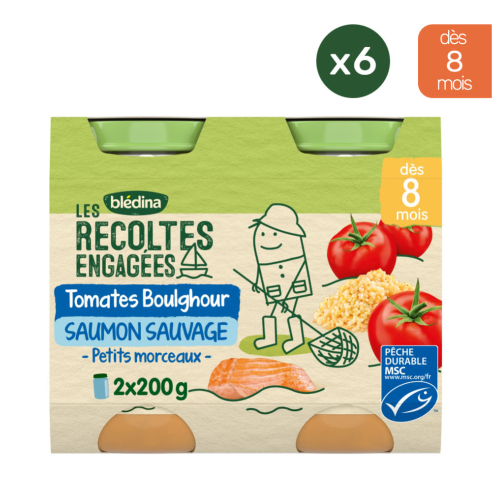 6x2 Petits Pots Tomates, Boulghour et Saumon Sauvage - Bledina Les Recoltes Engagées - Dès 8 mois