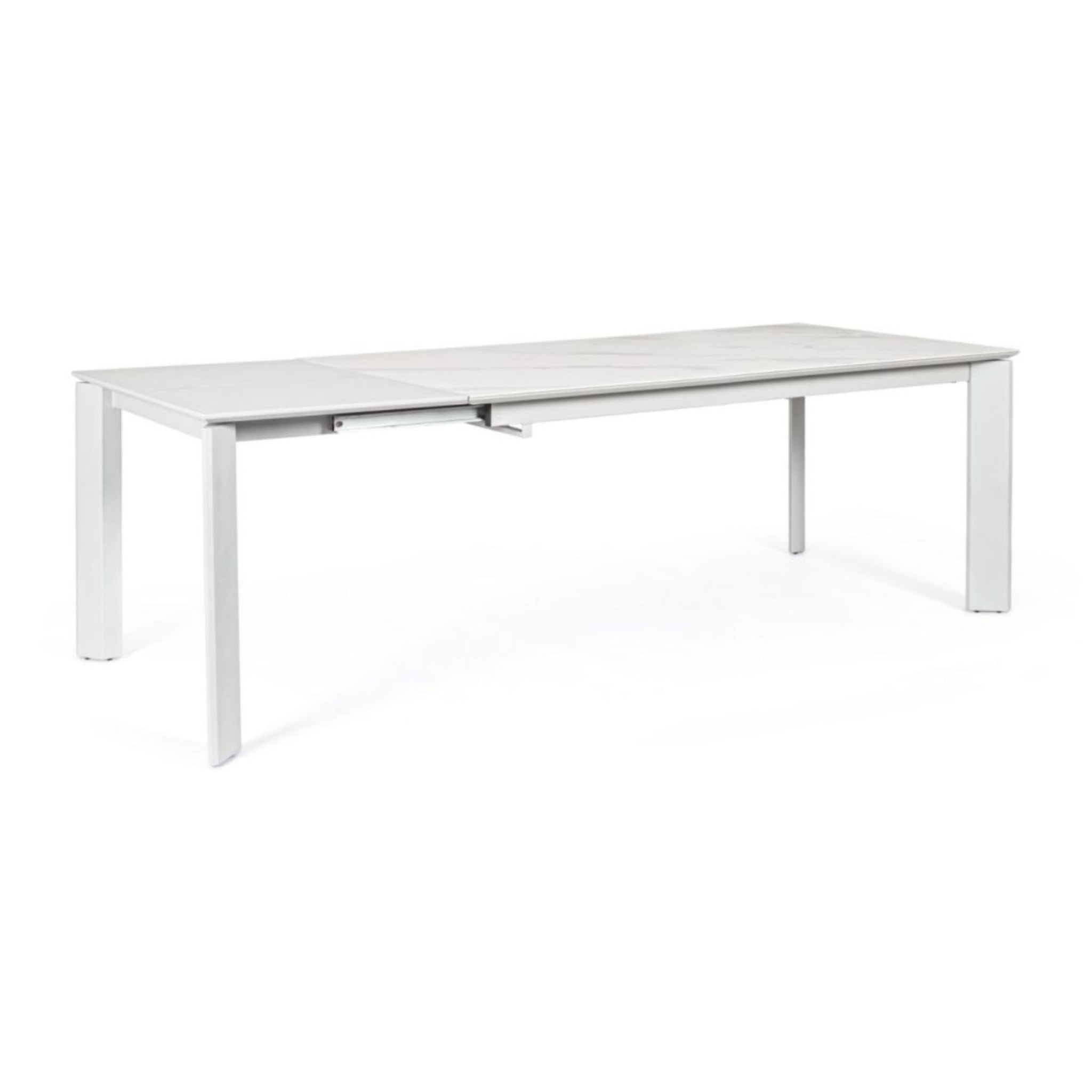 Tavolo BRIVA in acciaio grigio chiaro e piano in ceramica effetto marmo, allungabile 160×90 cm – 220×90 cm