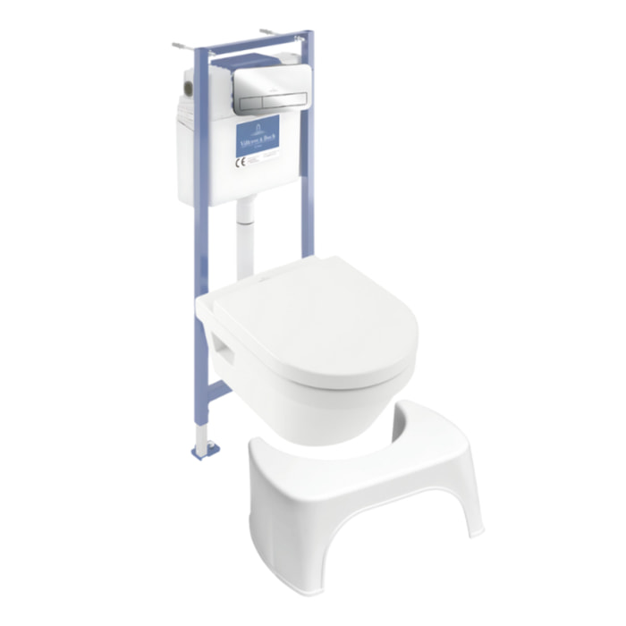 Pack WC sans bride Architectura avec abattant + bâti-support sol et mur Viconnect PRO + plaque chromée brillant  + Tabouret blanc