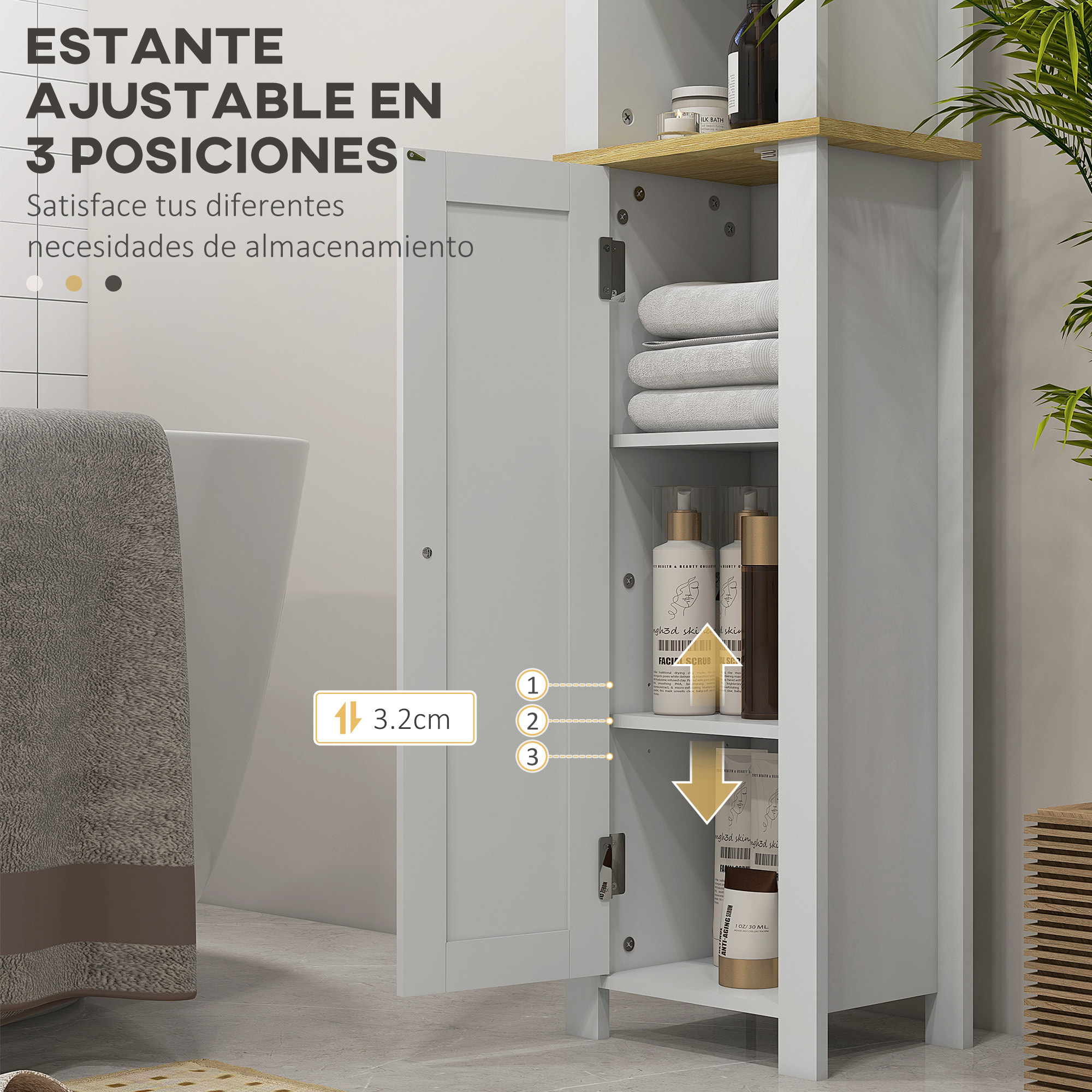 kleankin Mueble Auxiliar de Baño Columna de Baño Armario de Baño con Estantes Abiertos Puerta y Estante Ajustable Diseño Anti-vuelco 34x23x165 cm Blanco