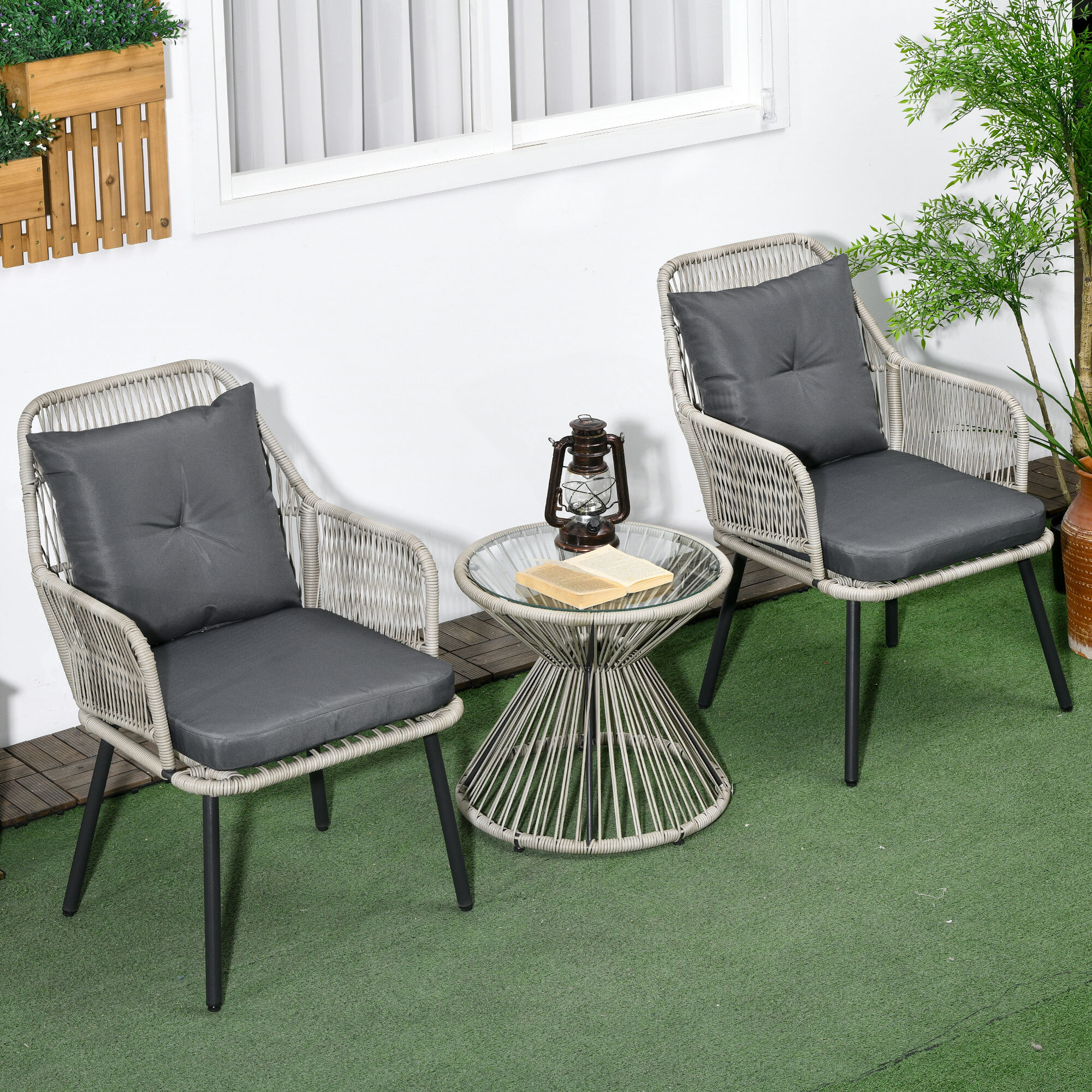 Ensemble salon de jardin 3 pièces style colonial 2 fauteuils coussins table basse acier époxy noir résine filaire gris