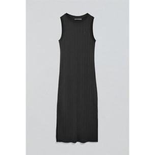 Vestito lungo nero a coste con monogramma ricamato