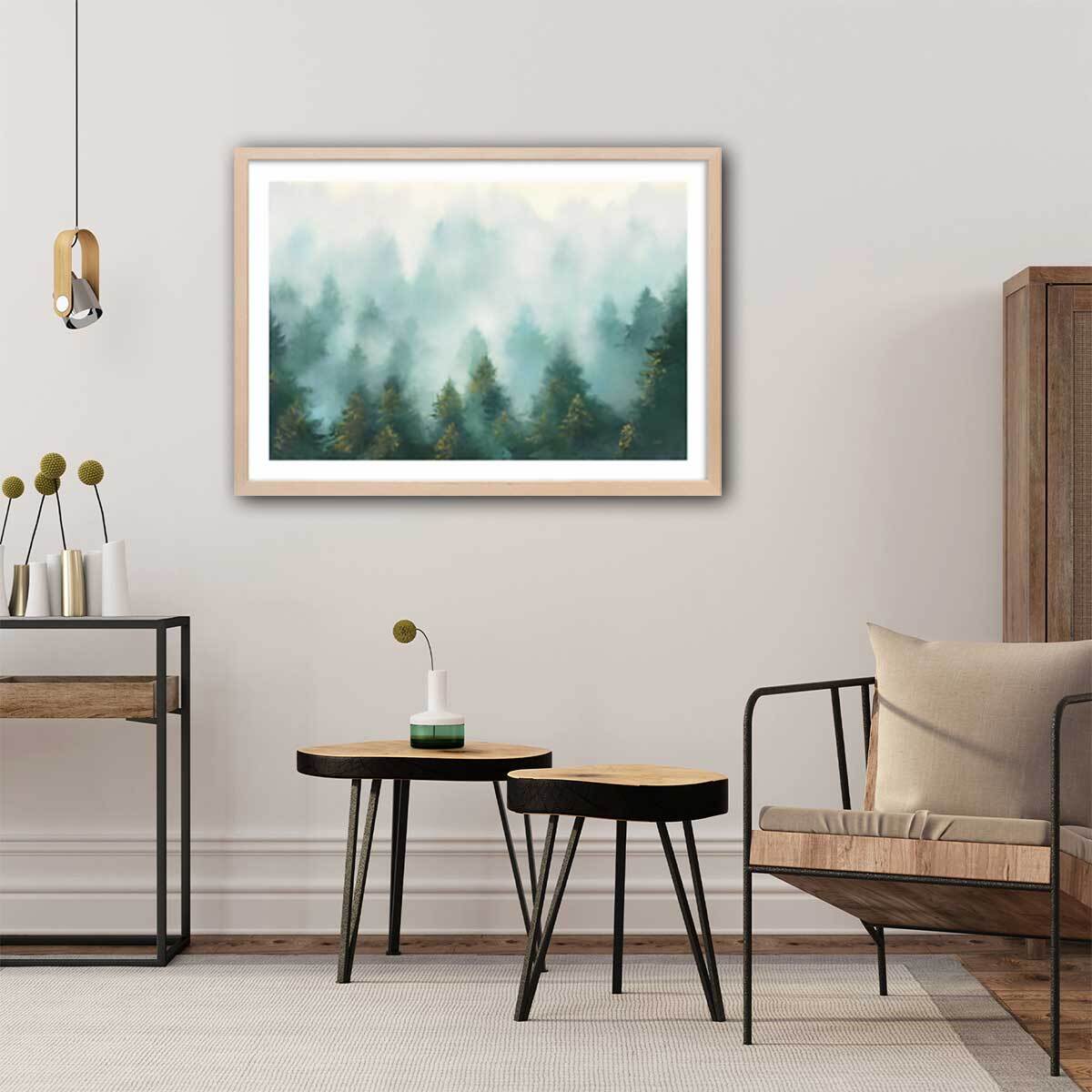 Affiche Brume sur la forêt Affiche + cadre en bois - Chêne