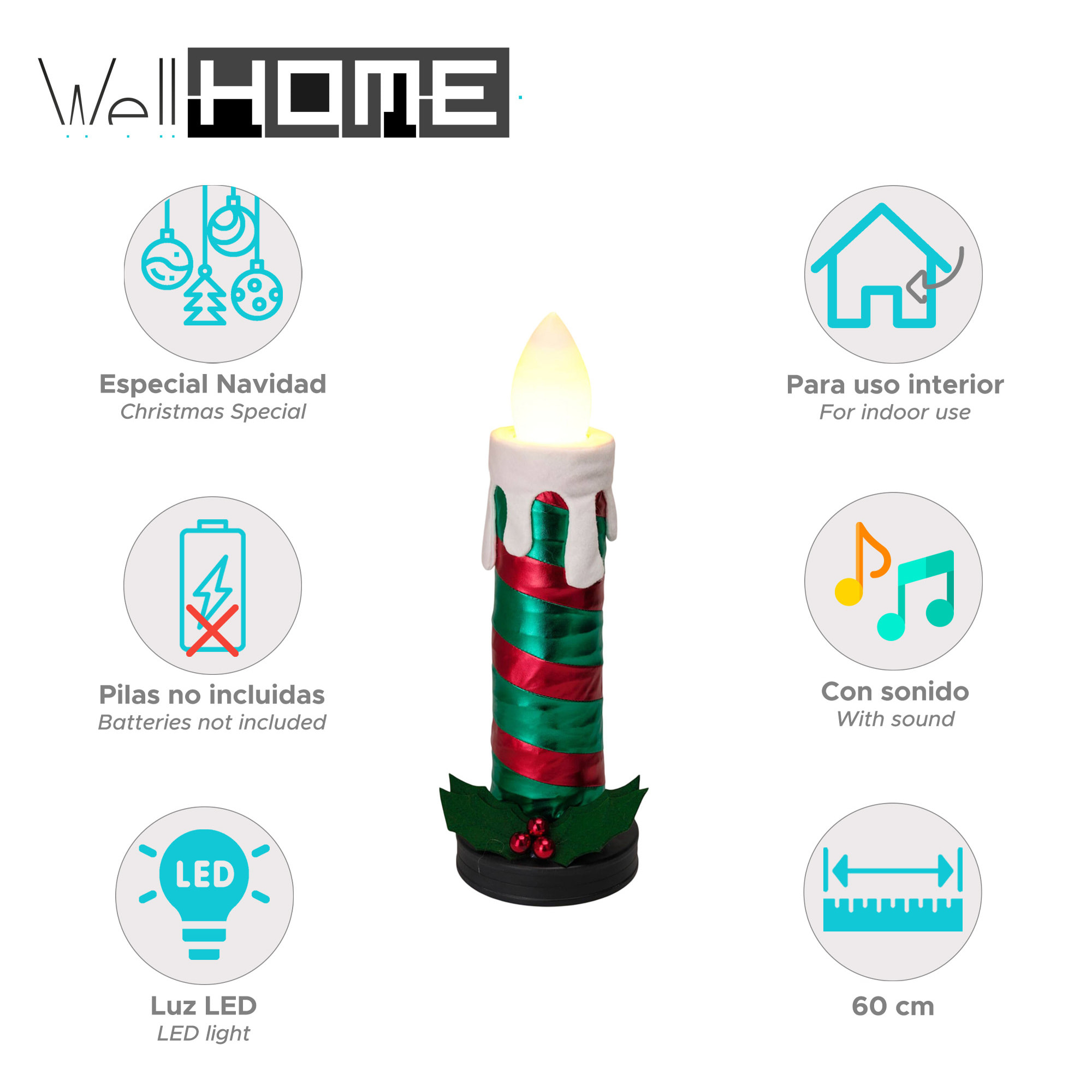 vela plegable de 60cm con luces de llama, color verde y con música