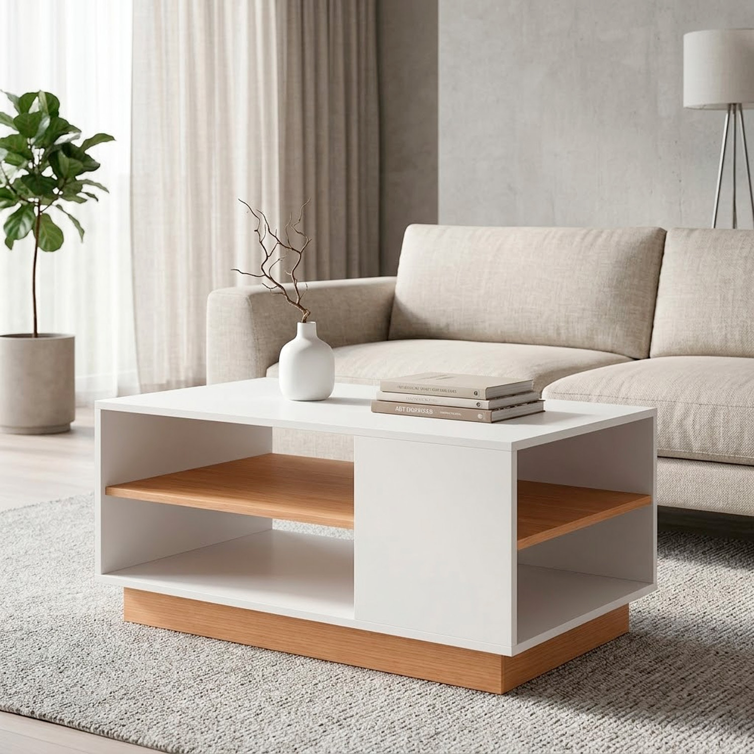 Tavolino Soggiorno Living Moderno Da Caffè Ripiano Porta Riviste Vano Giorno Multiuso Arredo Elegante Funzionale 100 x 45.5 x 60 Cm Bianco E Rovere