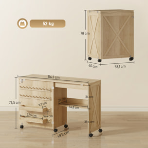 Mesa de Costura Plegable, Mesa Máquina de Coser con Puerta Magnética, 2 Compartimentos, Estante, 18 Soportes para Hilos, 5 Ruedas, Ahorro de Espacio, Natural