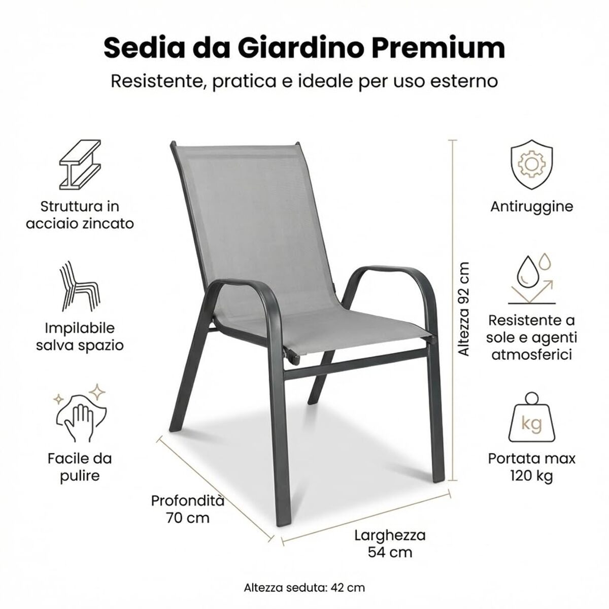 Set 4 sedie da giardino in acciaio zincato verniciato a polvere con seduta in texilene traspirante, resistenti agli agenti atmosferici, leggere e confortevoli, ideali per balcone terrazzo e outdoor, facili da pulire e durevoli