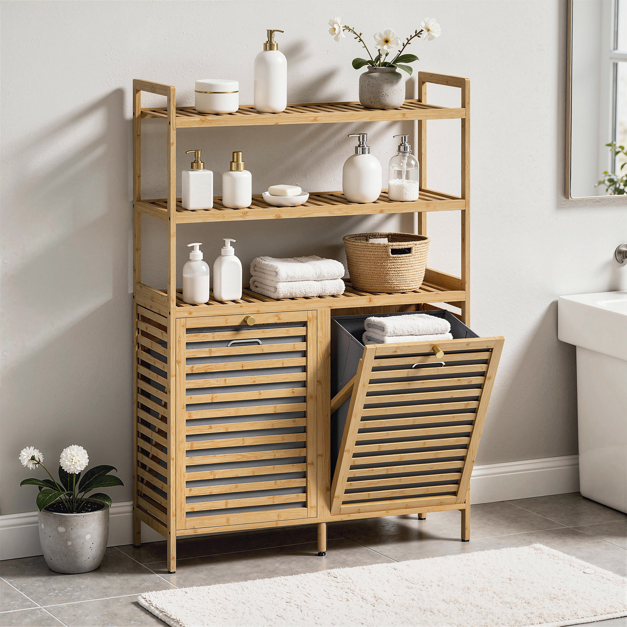 Mueble Ropa Sucia de Bambú, 2 en 1, Mueble de Baño con 2 Cestos para Ropa Sucia Inclinables 38,7 L y 3 Estantes, para Cocina, Salón, 80x30x118 cm, Roble