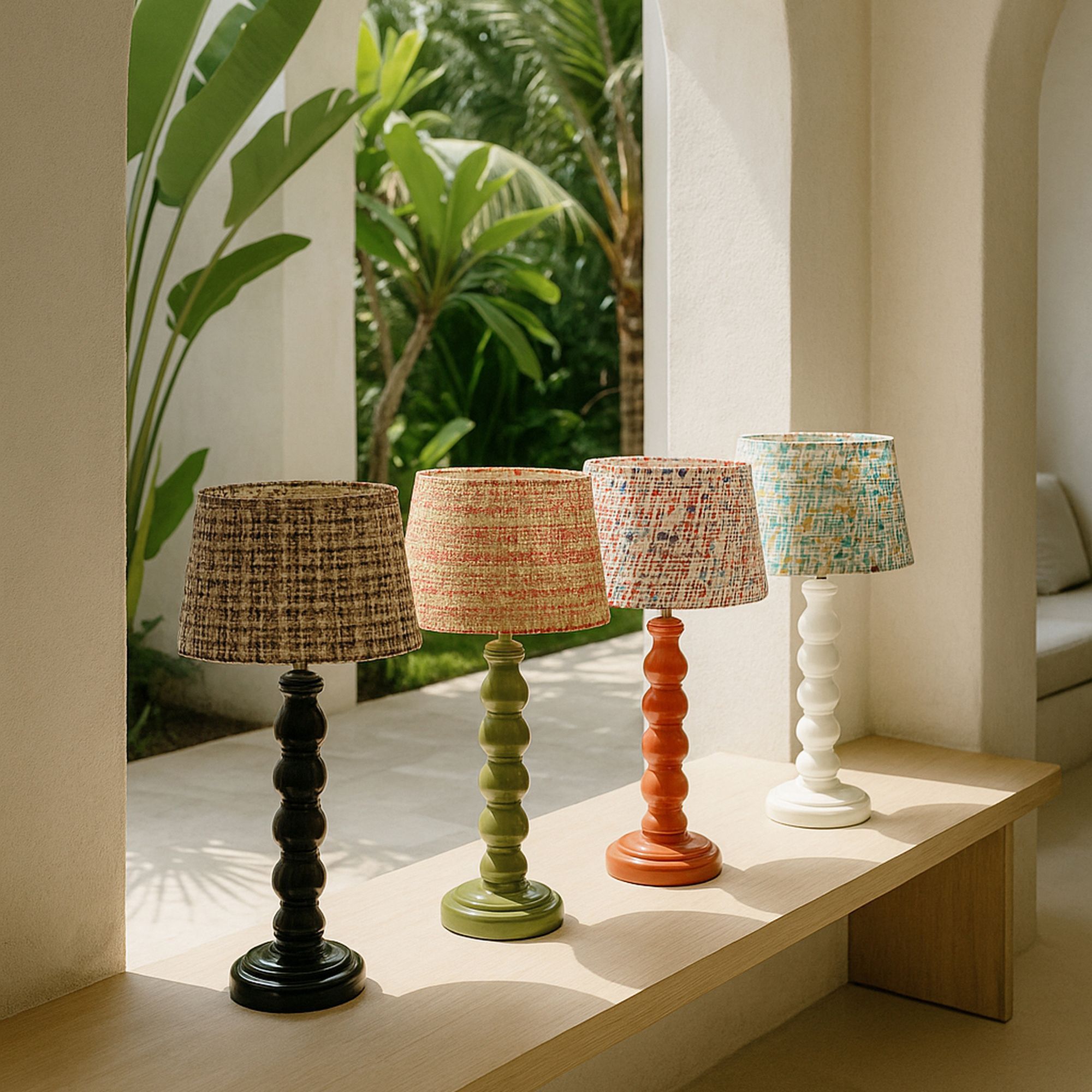 Lampe à poser en bois blanc et abat jour en tissu h39cm ROMY