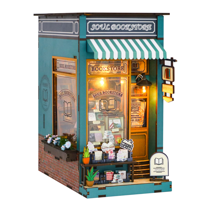 Libreria Alma. Book Nook realistica con grande dettaglio, copertura e luci LED.