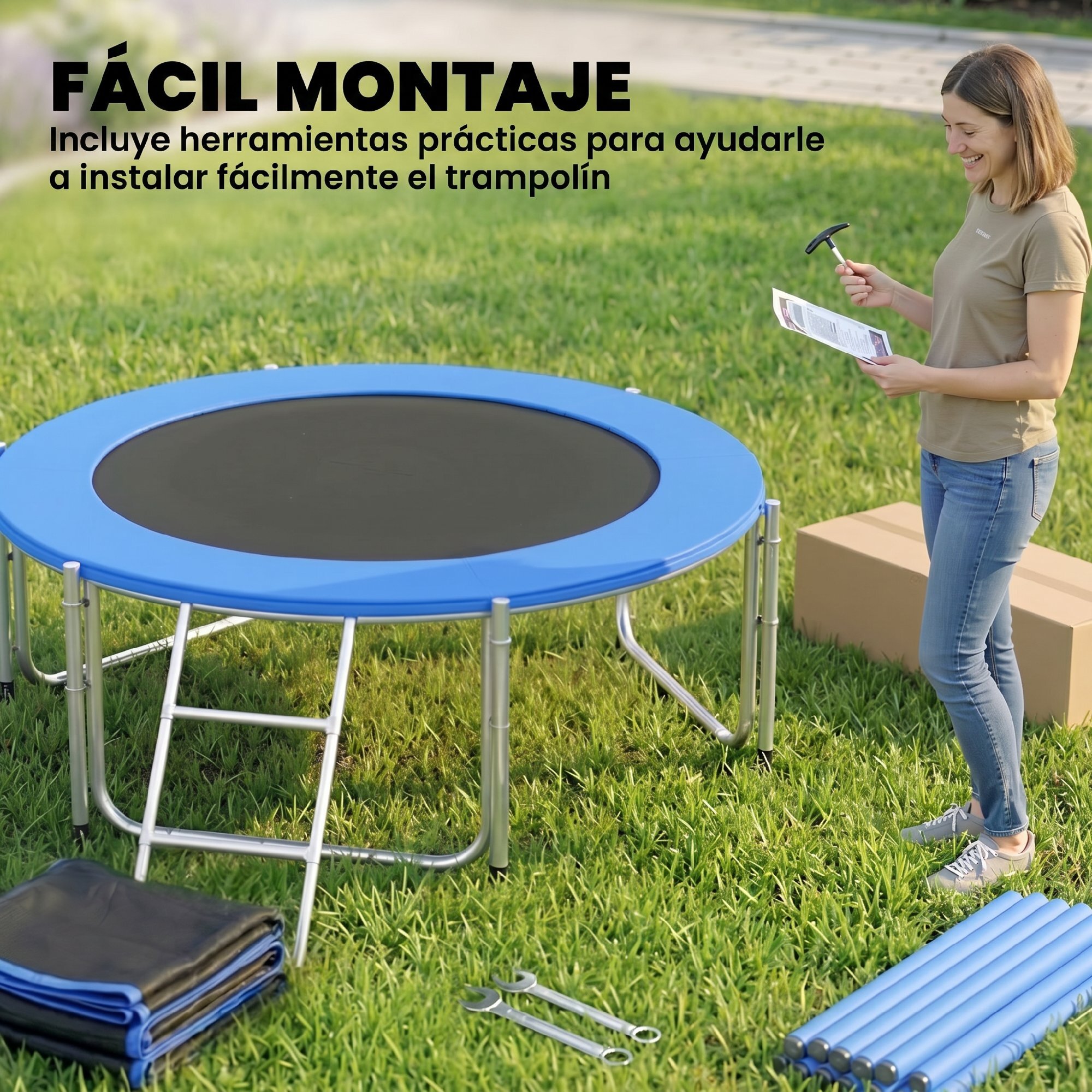 Cama Elástica para Niños Exterior Ø183 cm, Trampolín para Niños de +6 Años con Red de Seguridad, Escalera, Acolchado de Muelles y Marco de Acero Galvanizado, Carga 80 kg