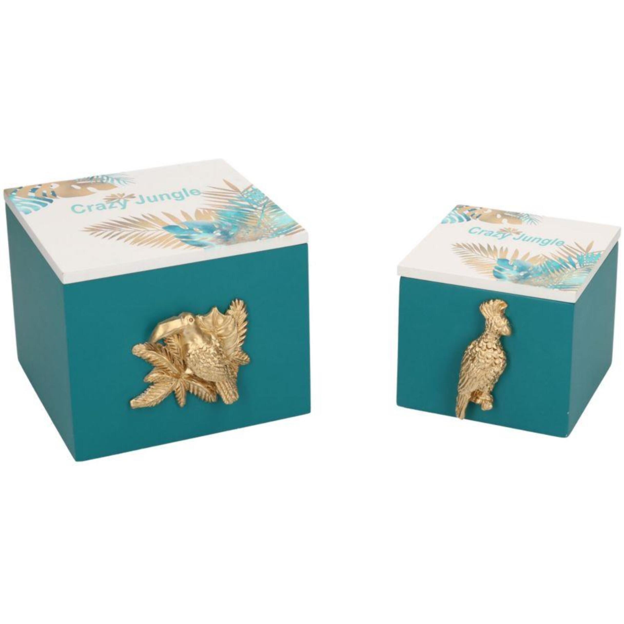 Set di 2 scatole in legno verde con foglie rettangolare cm12x13h10,5