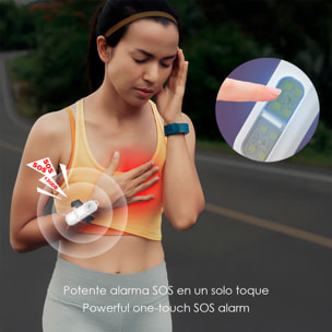 Allarme SOS personale con luce LED brillante bianca, rossa e blu, suono di 130 dB. Batteria ricaricabile e attivazione rapida mediante pressione.