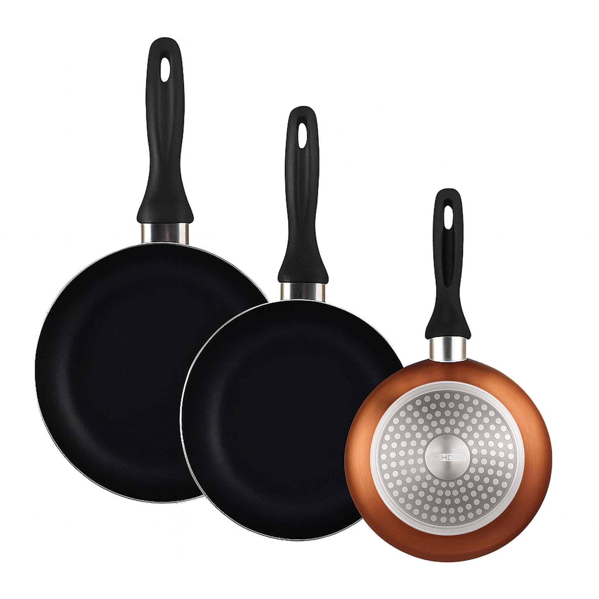 set de batería de cocina de 8pc en acero inoxidable + 3 sartenes ø16ø20ø24cm bronce metalizado en aluminio prensado