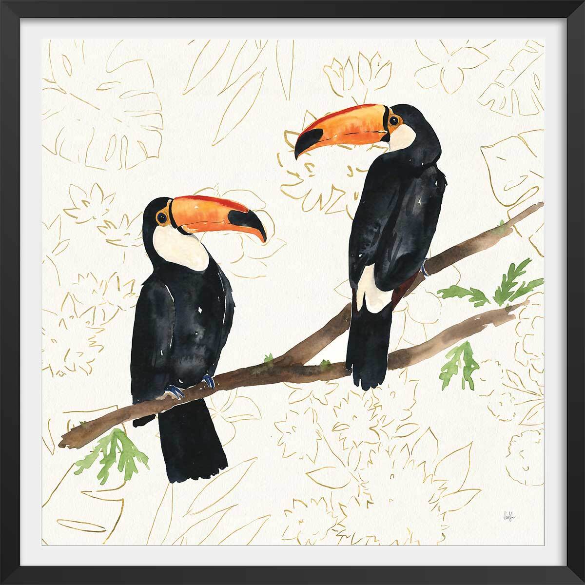 Affiche Joyeux oiseaux tropicaux Affiche + cadre en bois - Noir