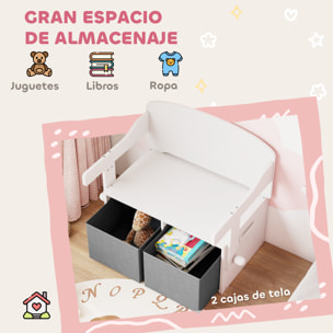 Banco Infantil Convertible 3 en 1, Juego de Mesa y Silla, Baúl de Juguetes con Cubos de Tela Extraíbles, Banco de Almacenaje, Mueble Multifuncional para Niños 3-6 Años, Blanco
