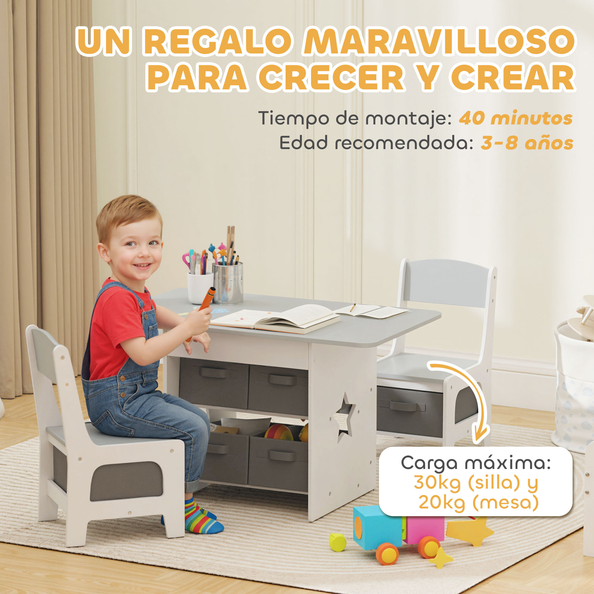 Mesa Infantil con 2 Sillas, Mesa y Sillas Infantil con 6 Cajones de Tela, Diseño Estrellas, para Niños y Niñas de 3-8 Años, para Hogar, Guardería, Aulas, Gris Claro