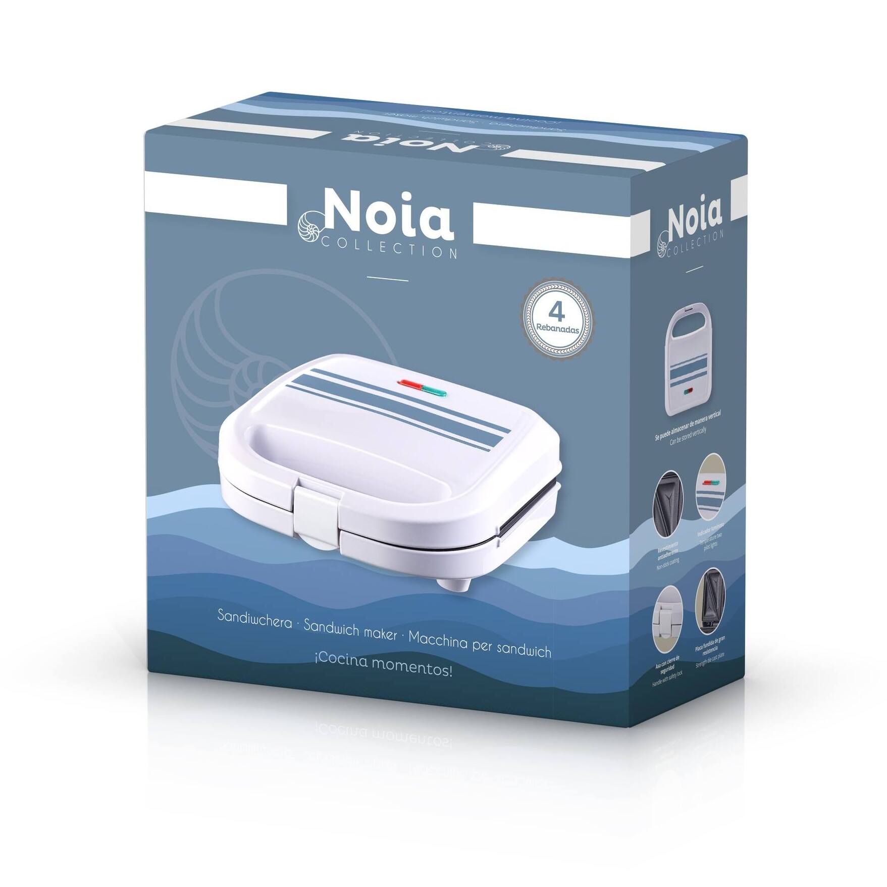 Sandwichera 750w revestimiento antiadherente, mango de tacto frío, termostato ajustable, protección contra sobrecalentamiento