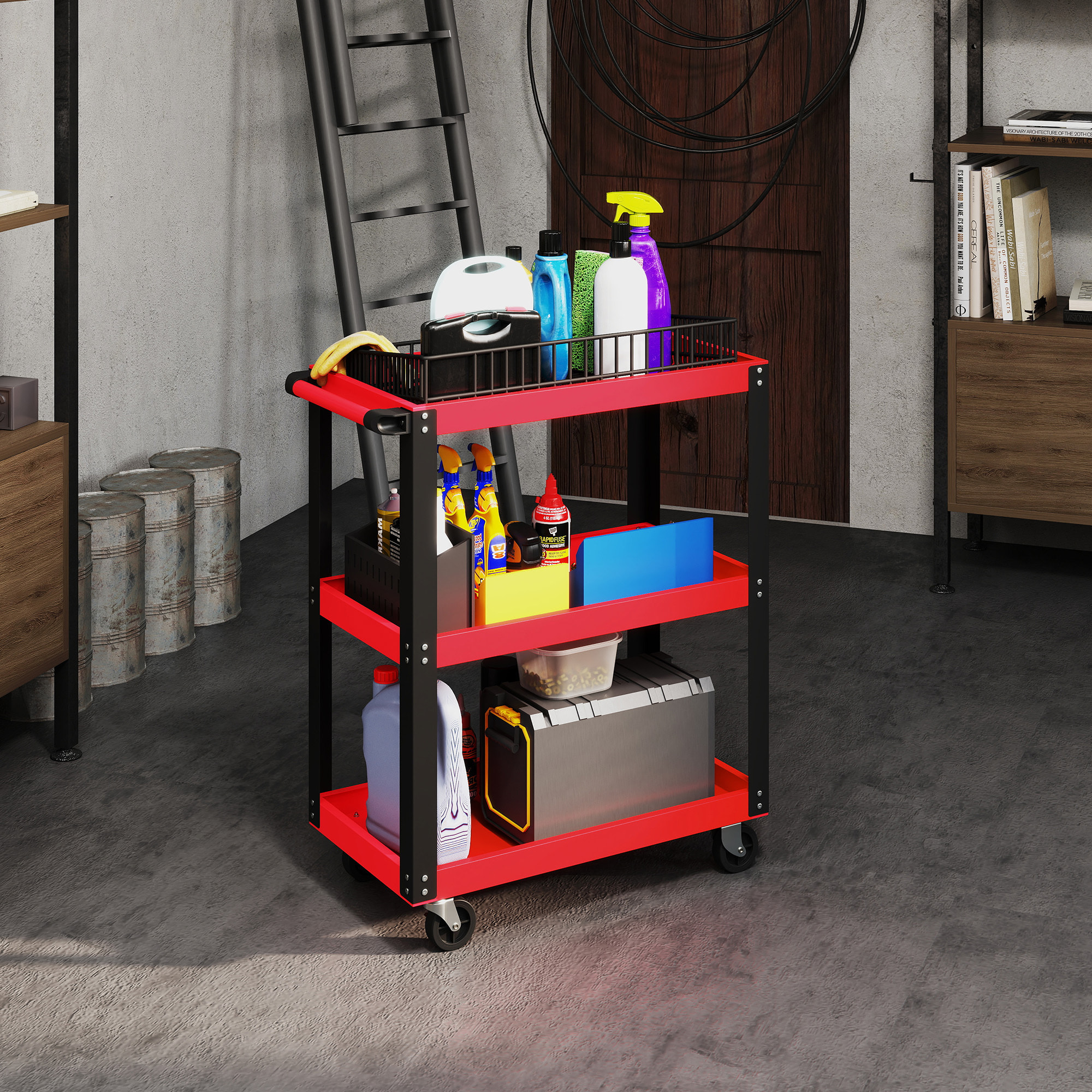Carro de Taller, Carro de Herramientas con 3 Estantes, Ruedas con Frenos y Asa Lateral, para Garaje Mecánico, Hogar, Carga 120 kg, Rojo