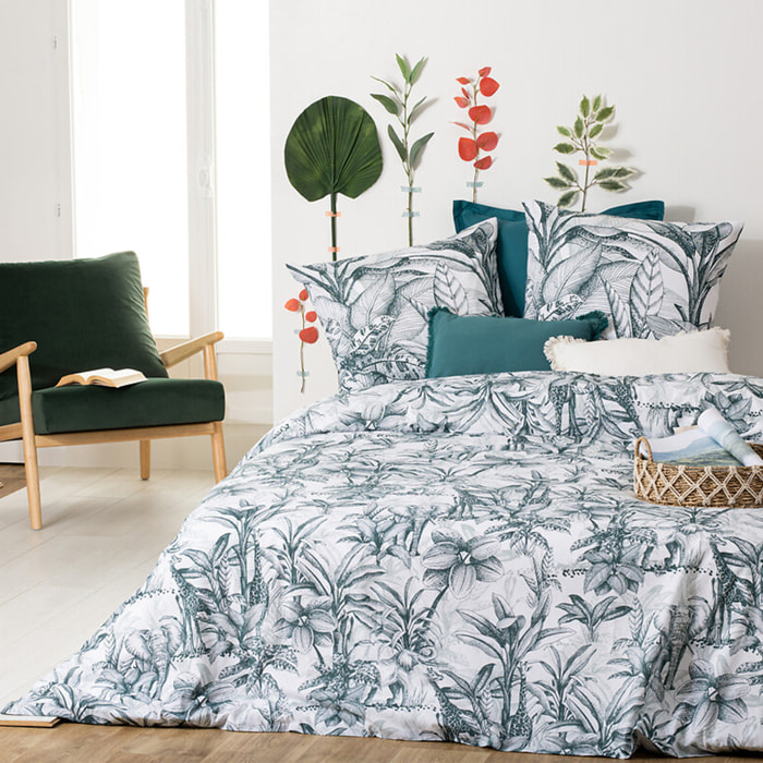 Parure de lit imprimé "Jouy" - coton - vert cèdre - 240x220 cm